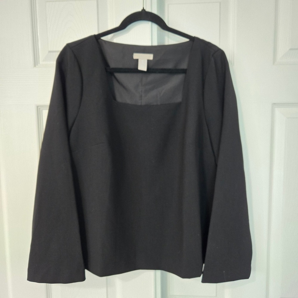 HM Black Square Neck Long Sleeve Blouse Minimalist Professional Top L